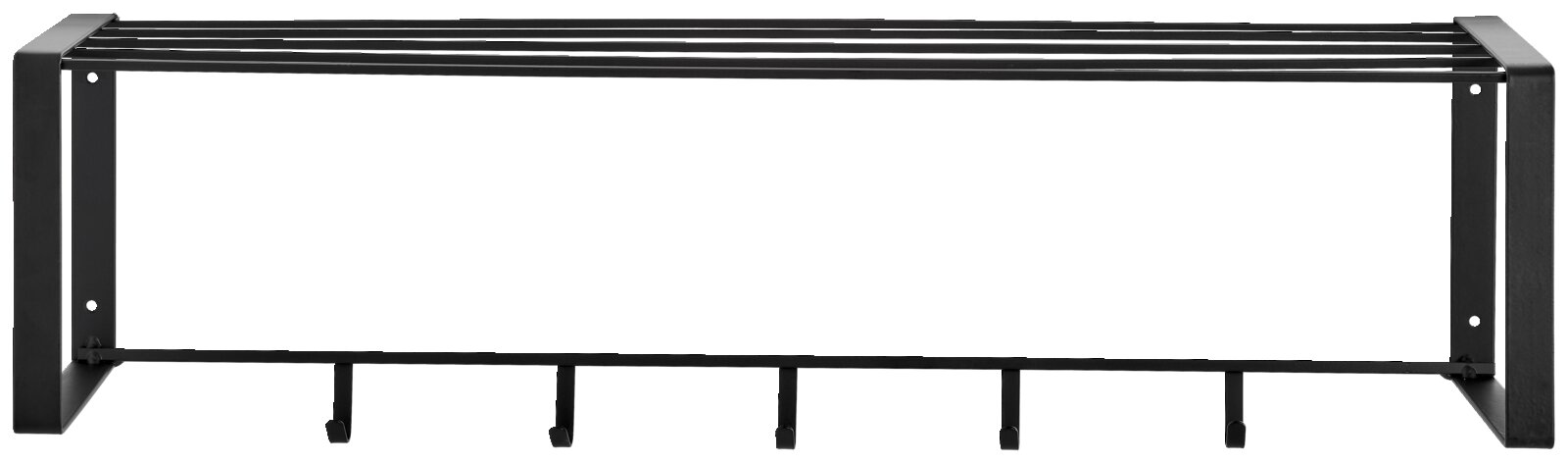 Schwarze Hängegarderobe aus Metall mit fünf Haken, seitliche Perspektive