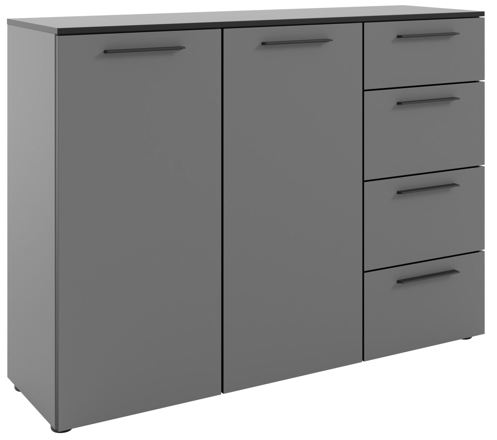 Graues Sideboard mit zwei Türen und vier Schubladen, frontale Perspektive