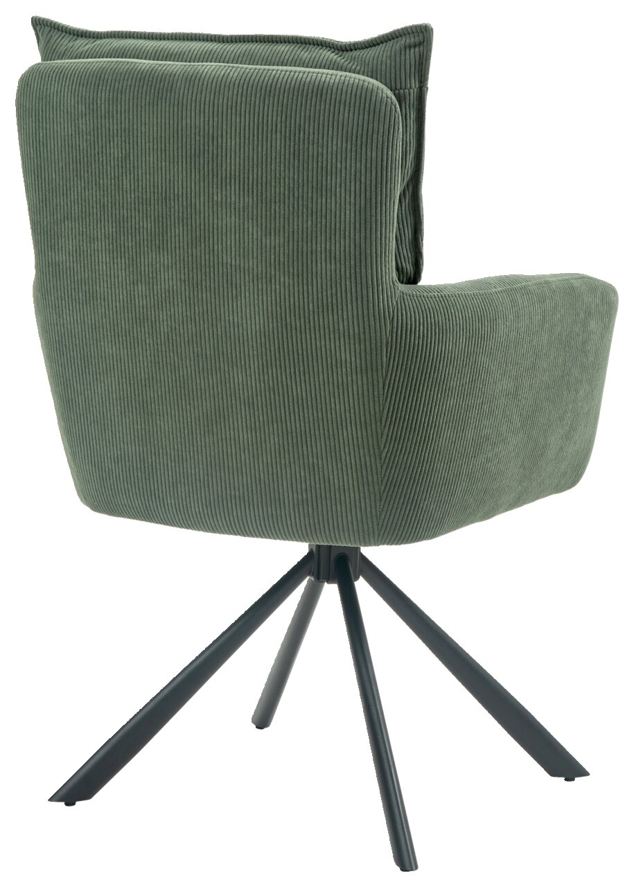 Rückansicht eines grünen Sessels mit geripptem Stoffbezug und schwarzem Metallgestell.