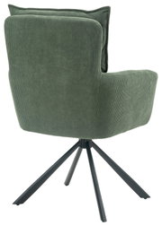 Achterkant van een groene fauteuil met geribbelde stoffen bekleding en een zwart metalen frame.
