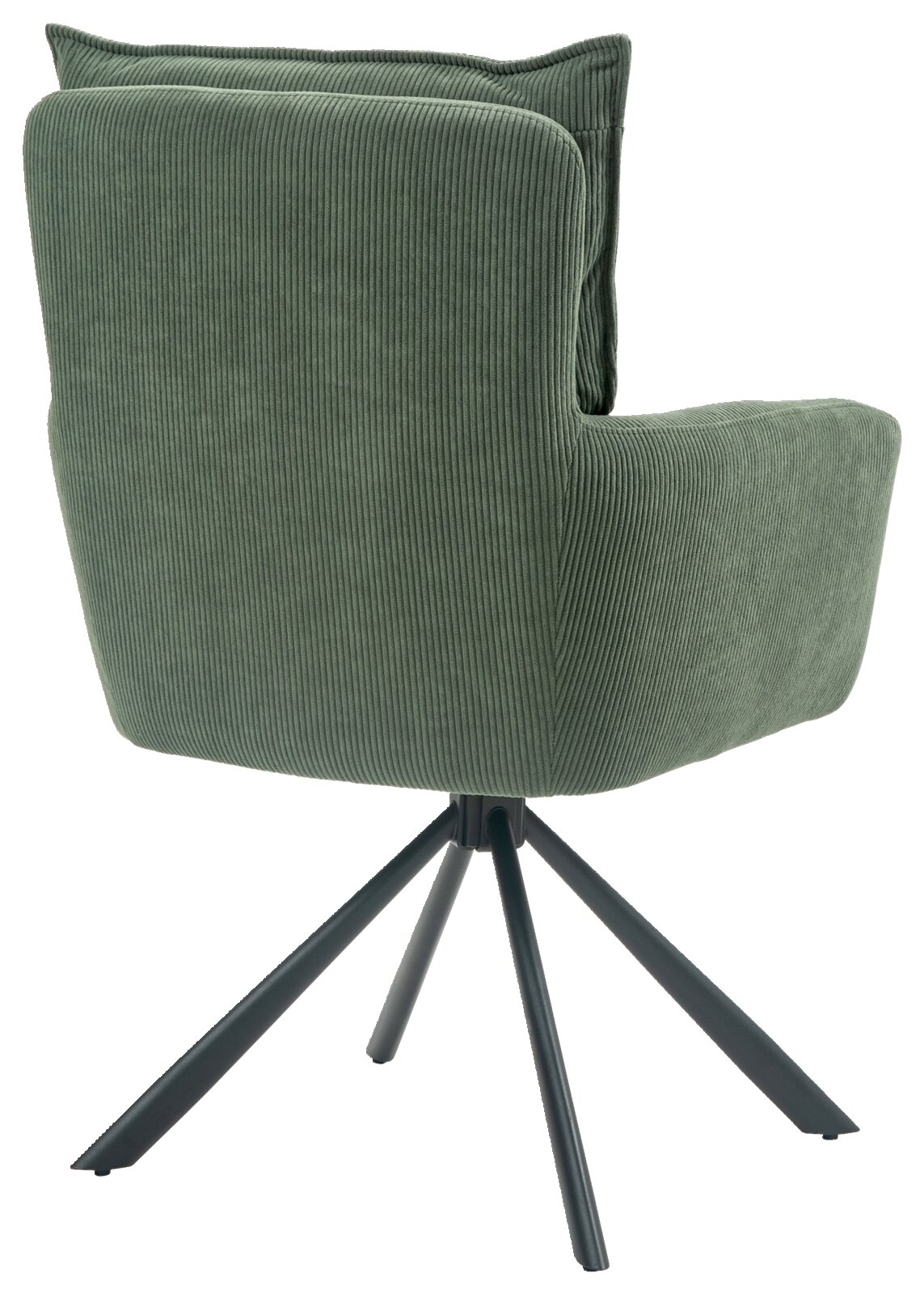 Achterkant van een groene fauteuil met geribbelde stoffen bekleding en een zwart metalen frame.