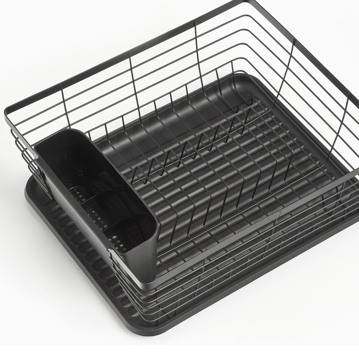 Schwarzer Geschirrabtropfständer aus Metall mit integriertem Besteckhalter, Ansicht von oben