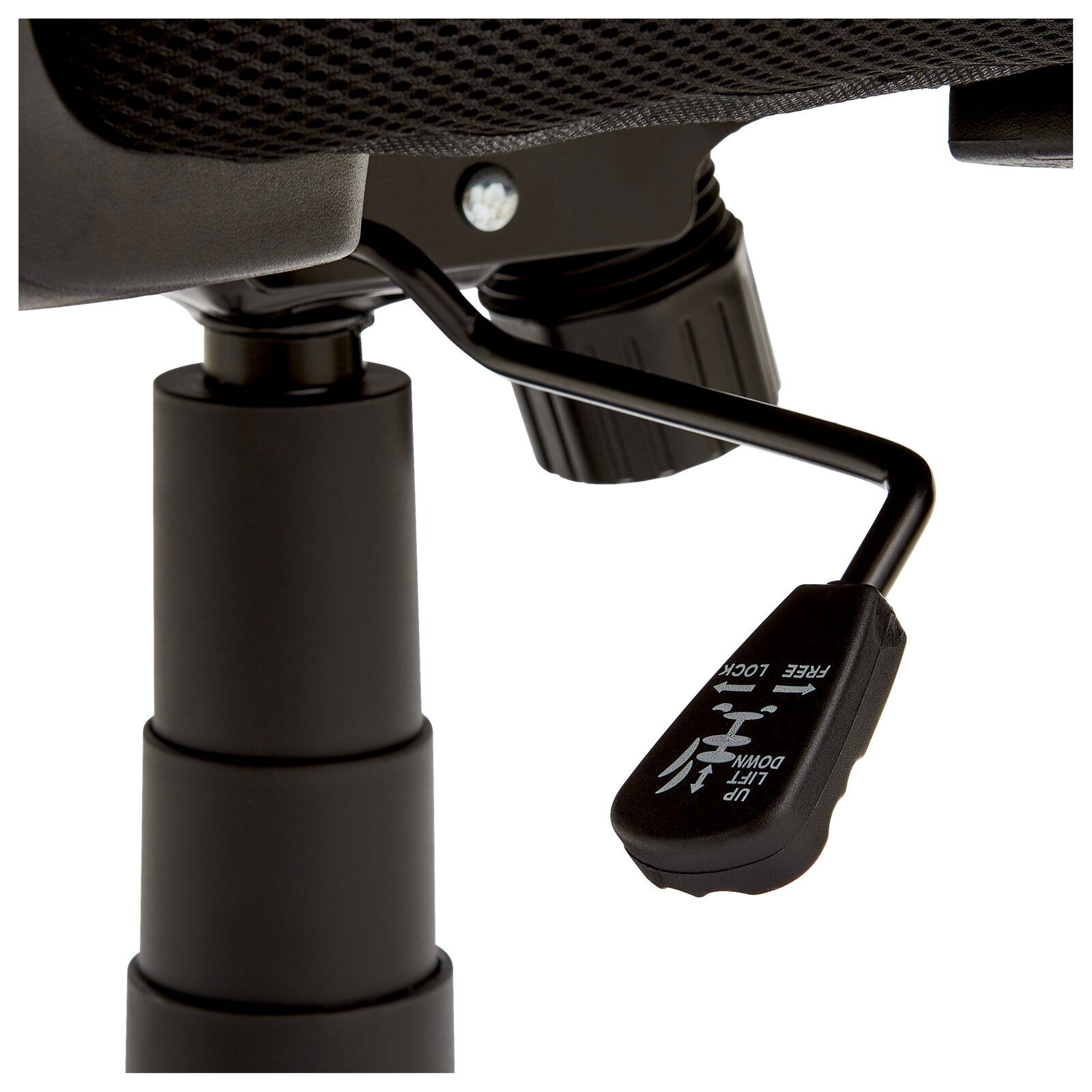 Nahaufnahme eines Drehstuhls mit Fokus auf die Höhenverstellung und Arretierung, seitliche Perspektive