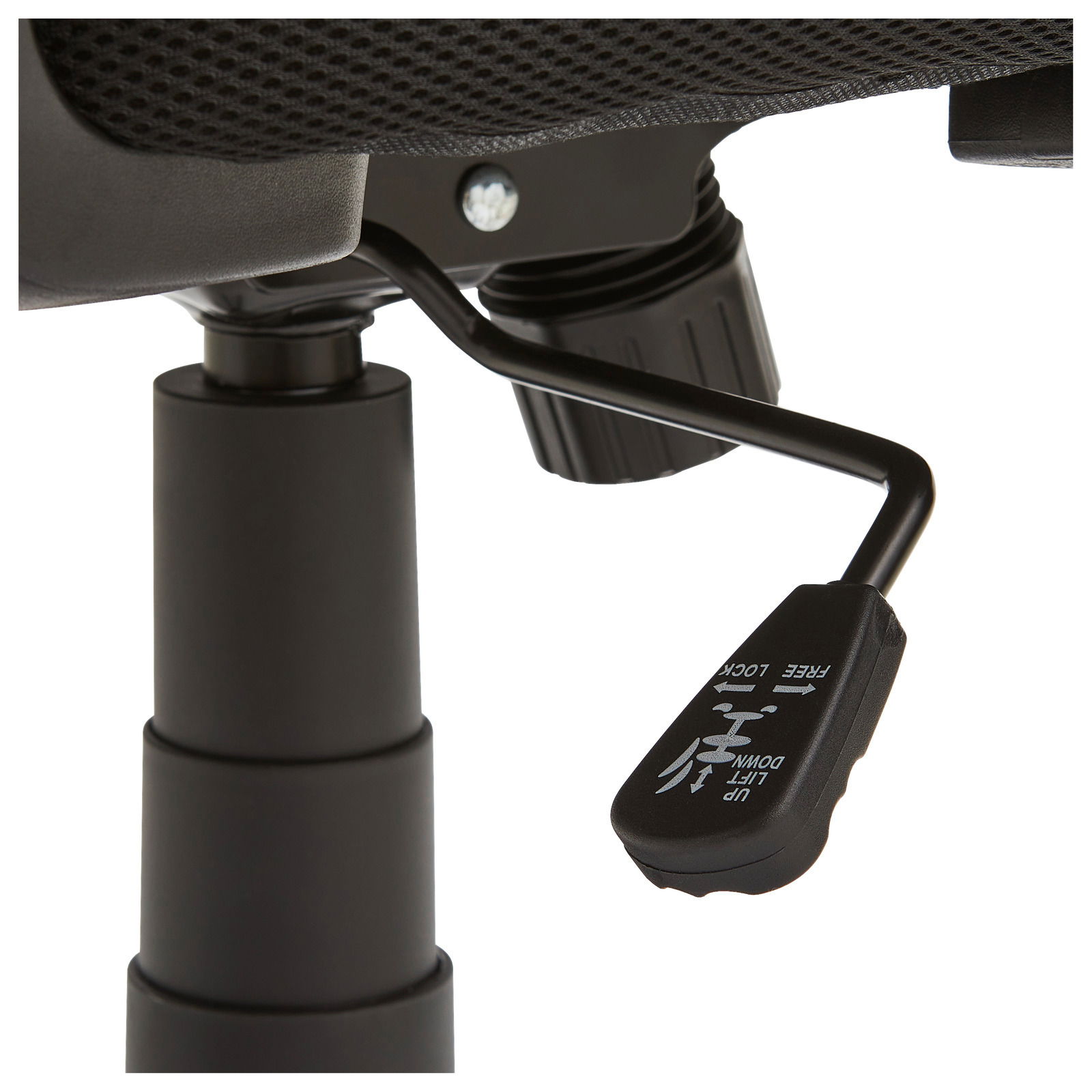 Nahaufnahme eines Drehstuhls mit Fokus auf die Höhenverstellung und Arretierung, seitliche Perspektive