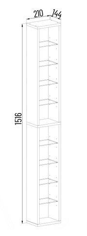 Technische Strichzeichnung eines hohen, schmalen Regalschranks mit mehreren Einlegeböden; Maße ca. 1516 mm Höhe, 210 mm Breite und 144 mm Tiefe, dargestellt in schräger Front-/Seitenperspektive.