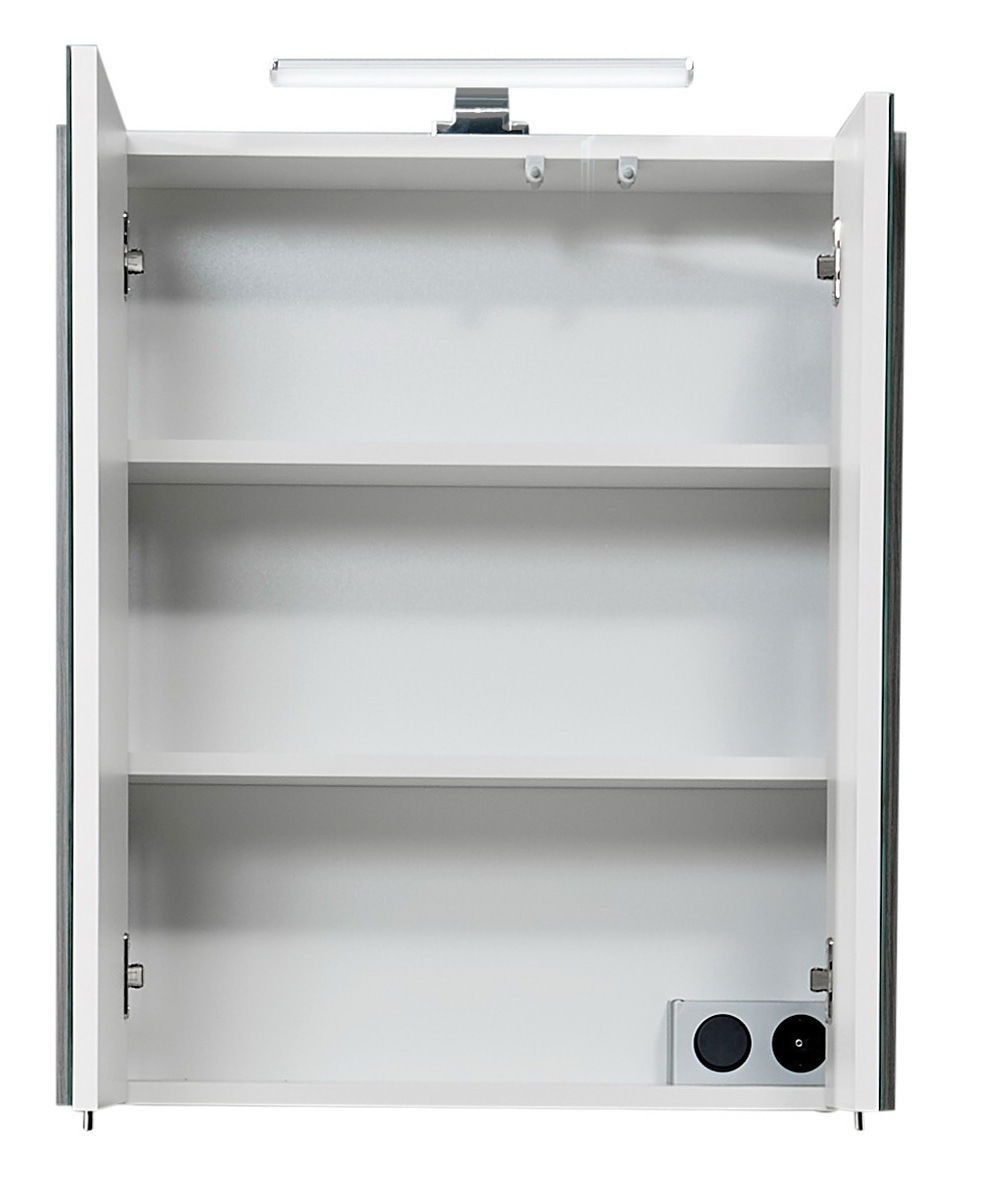 Offener Spiegelschrank mit zwei Einlegeböden und integrierter Beleuchtung, Frontalansicht