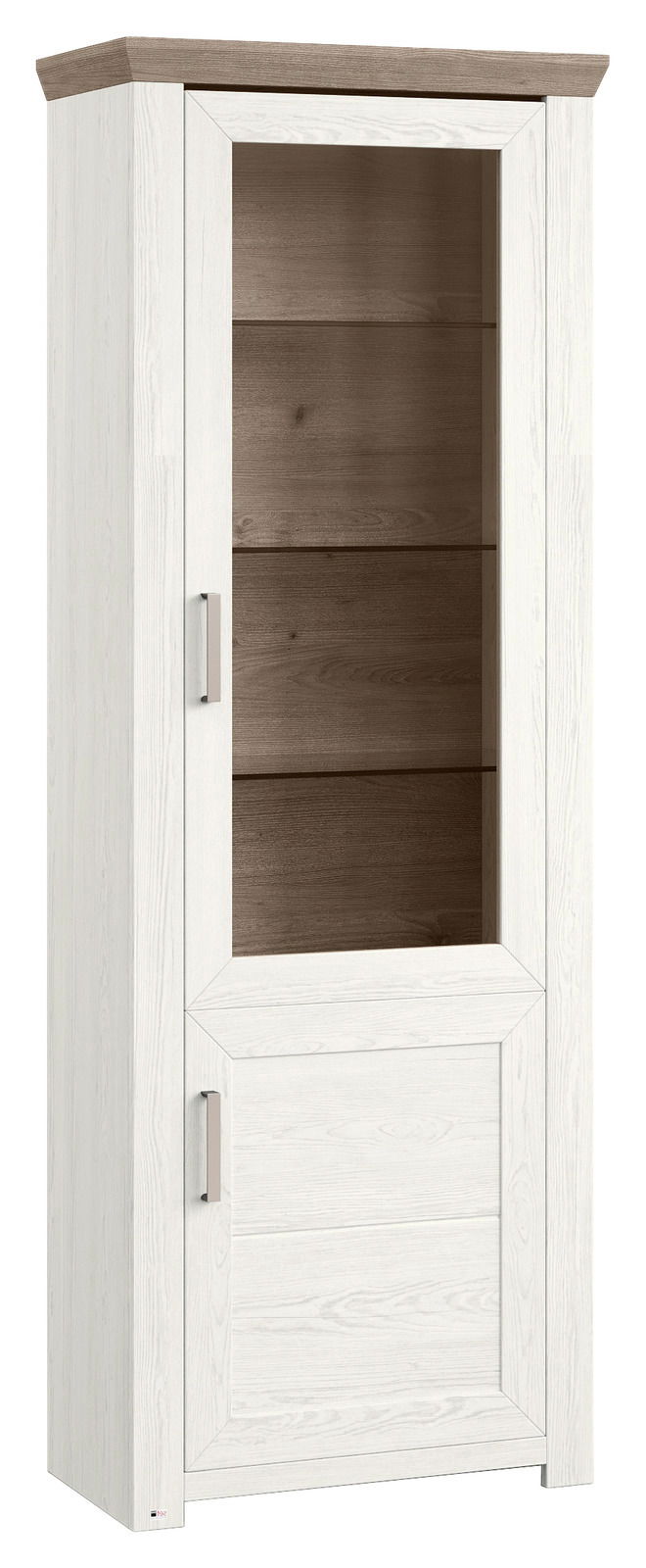 Weiße Vitrine mit Glastür und Holzelementen, seitliche Perspektive