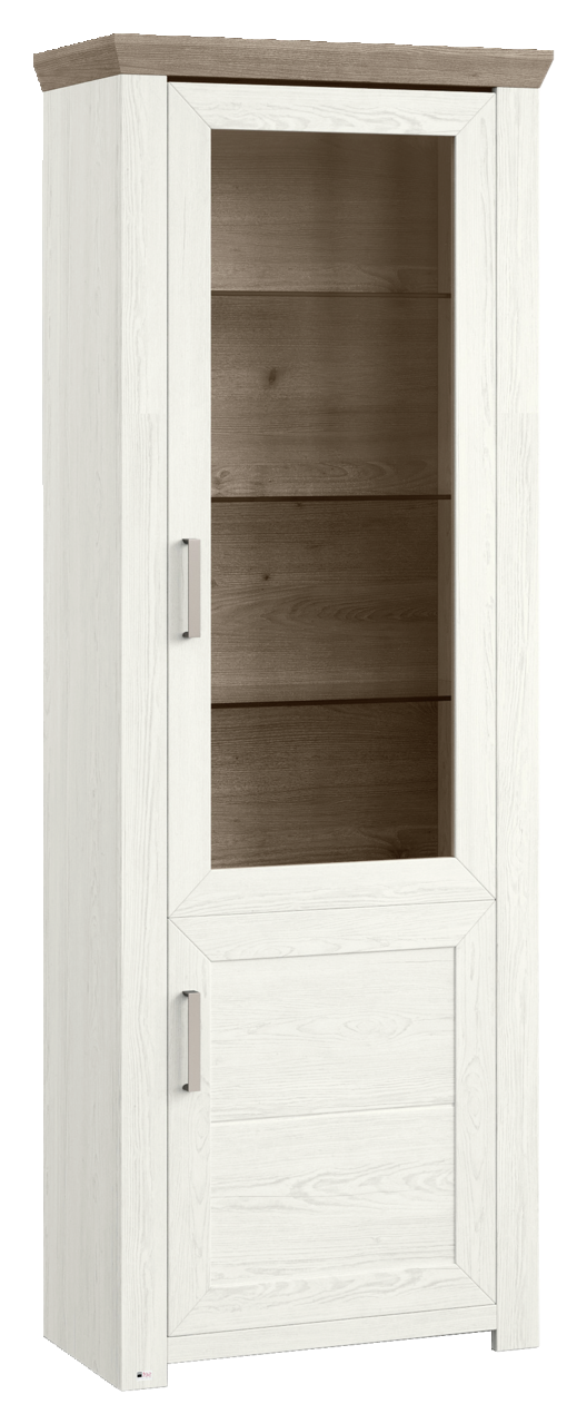 Set one by Musterring Vitrine SET ONE YORK Weiße Vitrine mit Glastür und Holzelementen, seitliche Perspektive