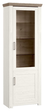 Weiße Vitrine mit Glastür und Holzelementen, seitliche Perspektive