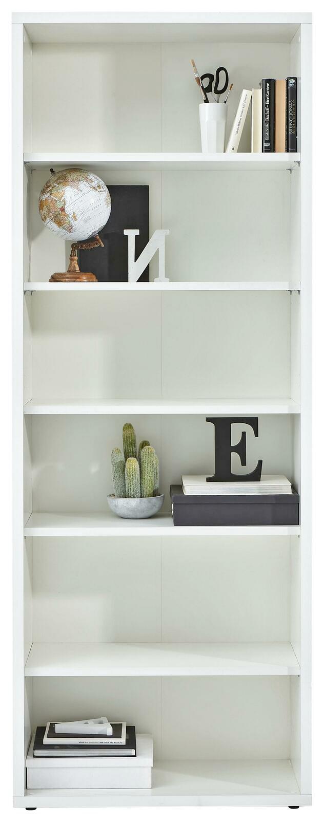 XORA Regal DIVINO Weißes Regal mit fünf Ebenen, dekoriert mit Büchern, einer Weltkugel, einem Kaktus und Buchstaben. Frontalansicht.