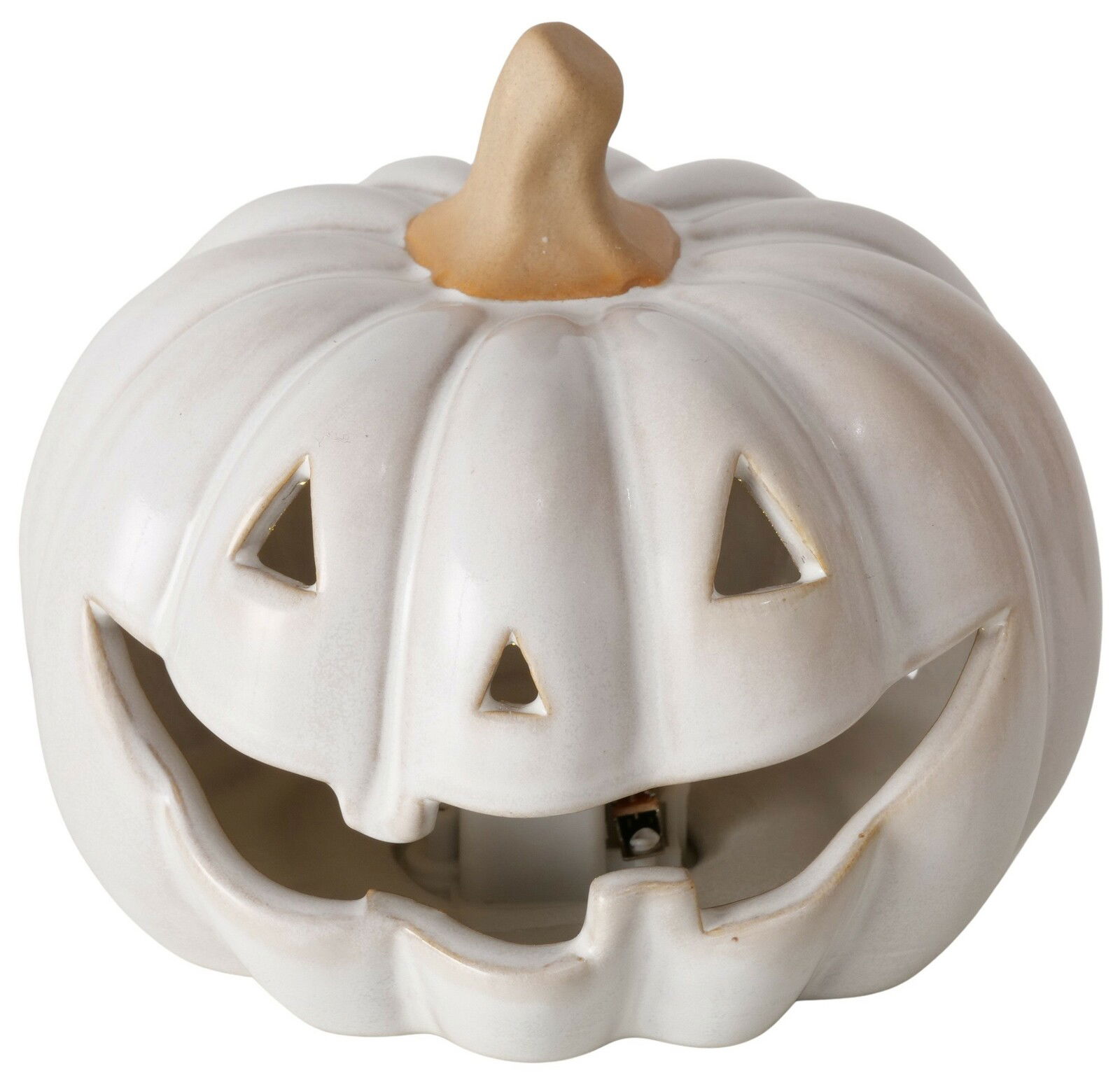 Weiße Keramik-Kürbisdekoration mit geschnitztem Gesicht, Frontalansicht