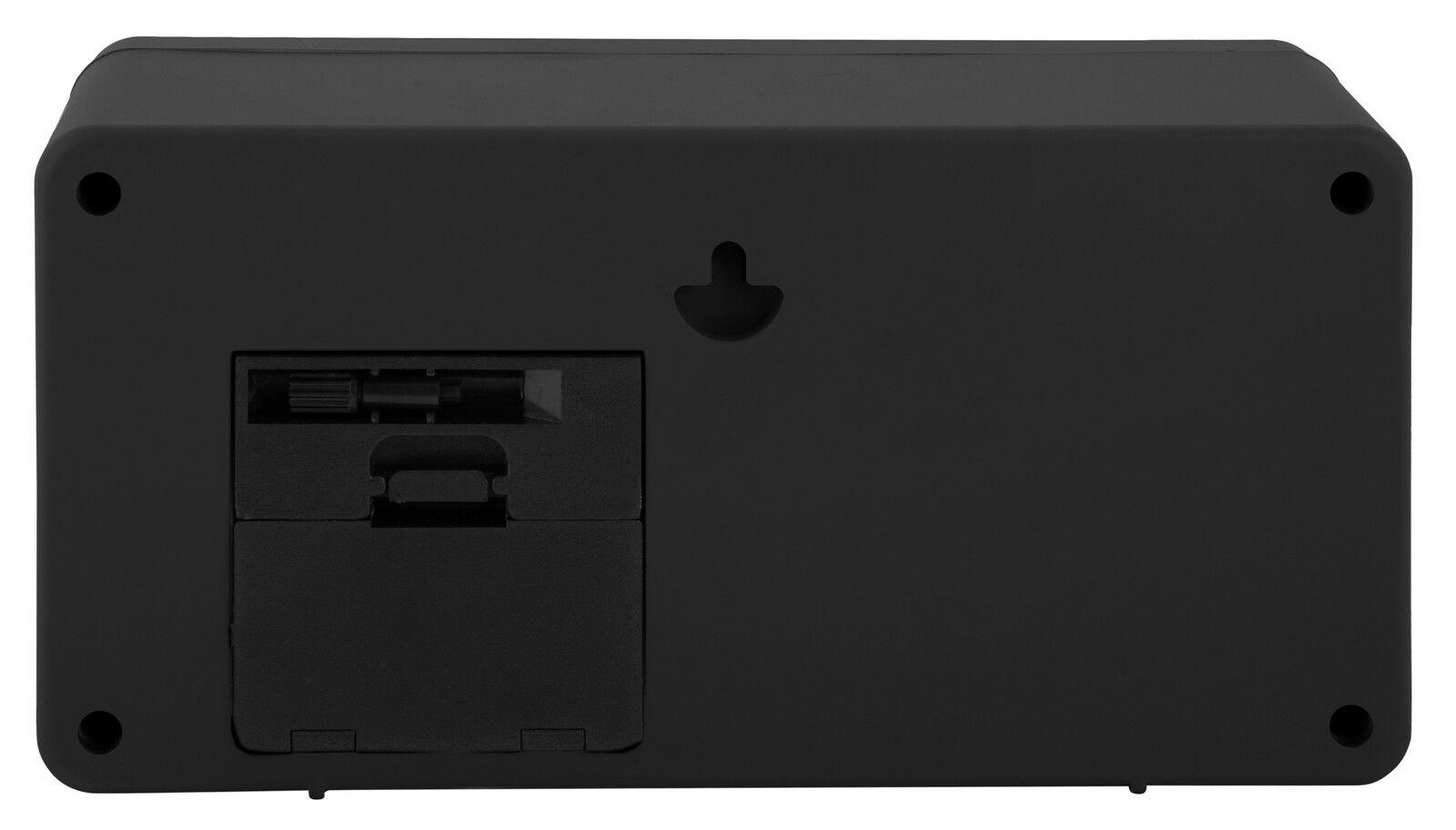 Rückansicht einer schwarzen Wand- und Tischuhr mit Batteriefach und Aufhängemöglichkeit.
