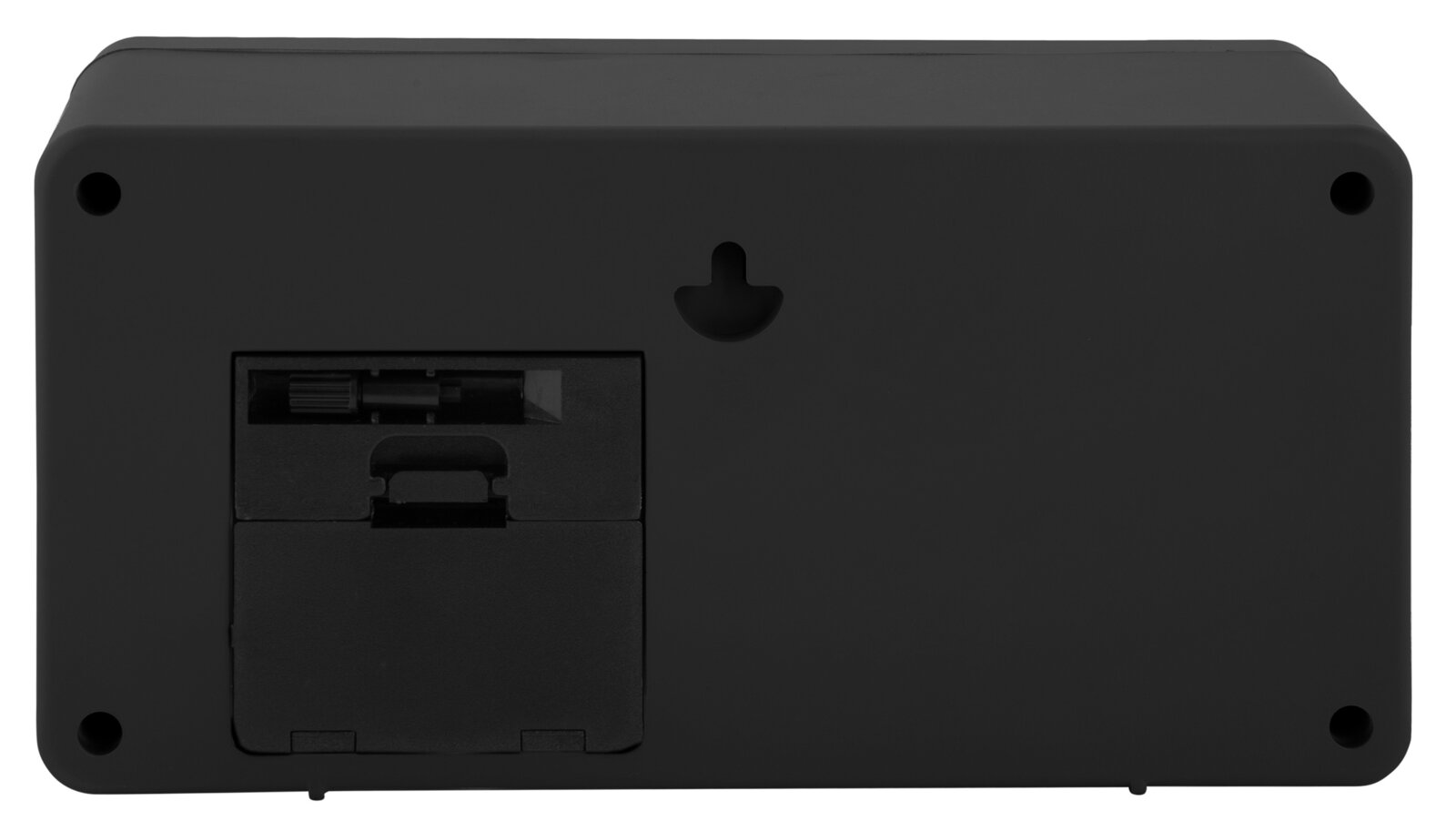 Rückansicht einer schwarzen Wand- und Tischuhr mit Batteriefach und Aufhängemöglichkeit.