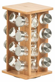 Gewürzrondell aus Holz mit 16 Gläsern und silbernen Deckeln, seitliche Perspektive