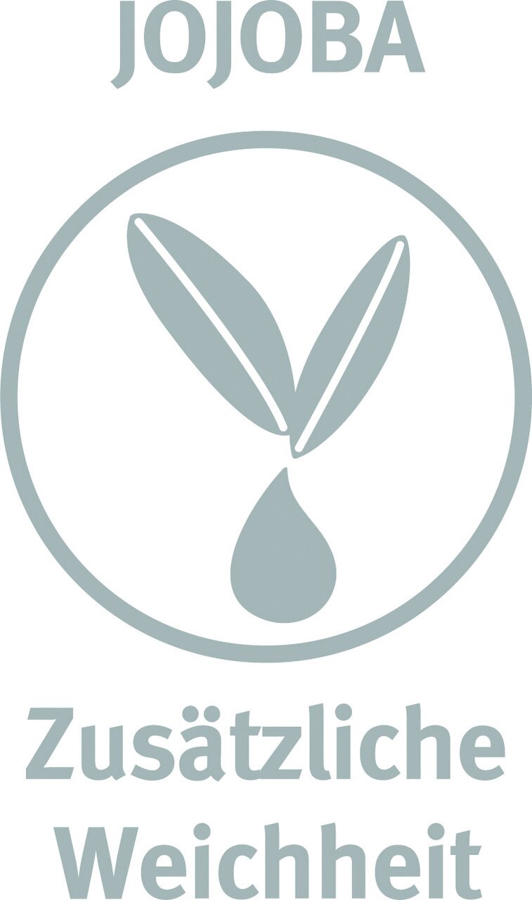 Logo mit Jojoba-Symbol und Text 'Zusätzliche Weichheit', frontal betrachtet.