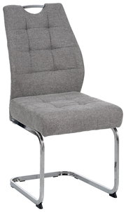 Grauer Schwingstuhl mit gepolsterter Sitzfläche und Rückenlehne, seitliche Perspektive