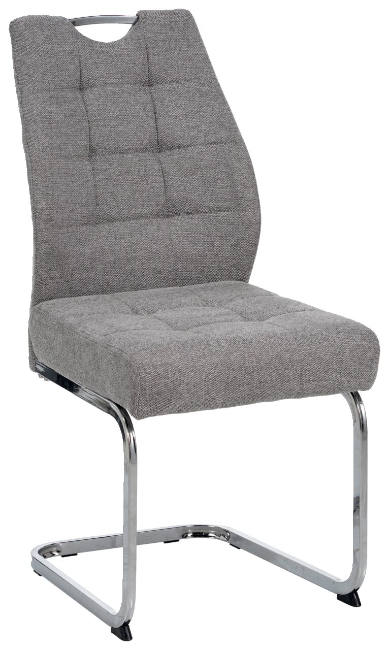 Grauer Schwingstuhl mit gepolsterter Sitzfläche und Rückenlehne, seitliche Perspektive