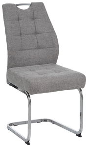 Grauer Schwingstuhl mit gepolsterter Sitzfläche und Rückenlehne, seitliche Perspektive