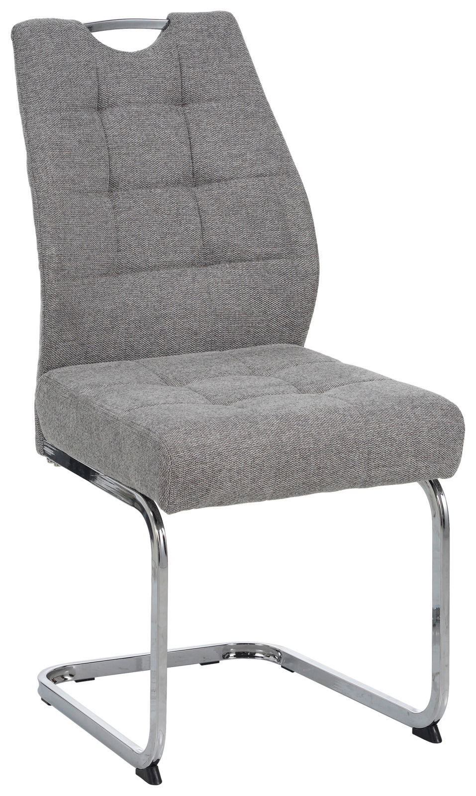 Grauer Schwingstuhl mit gepolsterter Sitzfläche und Rückenlehne, seitliche Perspektive