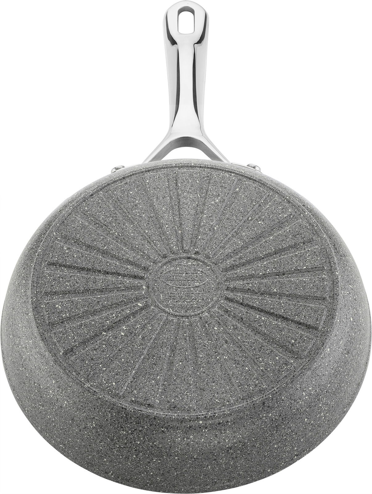Bratpfanne mit 20 cm Durchmesser, Ansicht von unten mit strukturiertem Boden und silbernem Griff.