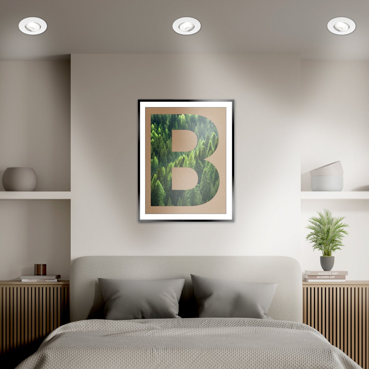 Moderne LED-Einbauleuchten in einem stilvollen Schlafzimmer, Deckenansicht