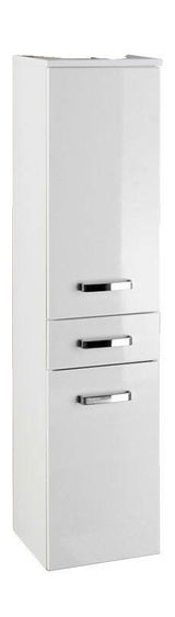 Weißer Midischrank mit zwei Schubladen und einer Tür, seitliche Perspektive