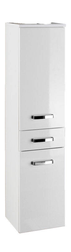 Weißer Midischrank mit zwei Schubladen und einer Tür, seitliche Perspektive