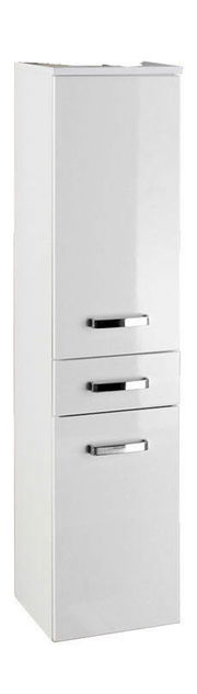 Weißer Midischrank mit zwei Schubladen und einer Tür, seitliche Perspektive