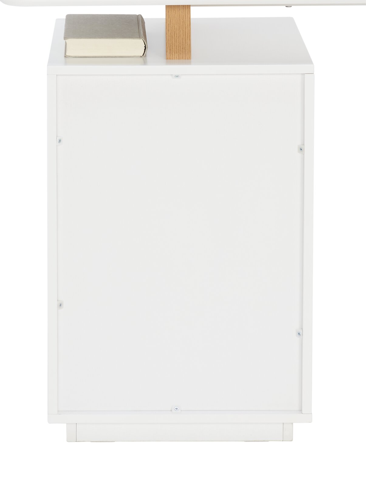 Seitenansicht eines weißen Schreibtischs mit einem Buch darauf