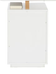 Seitenansicht eines weißen Schreibtischs mit einem Buch darauf