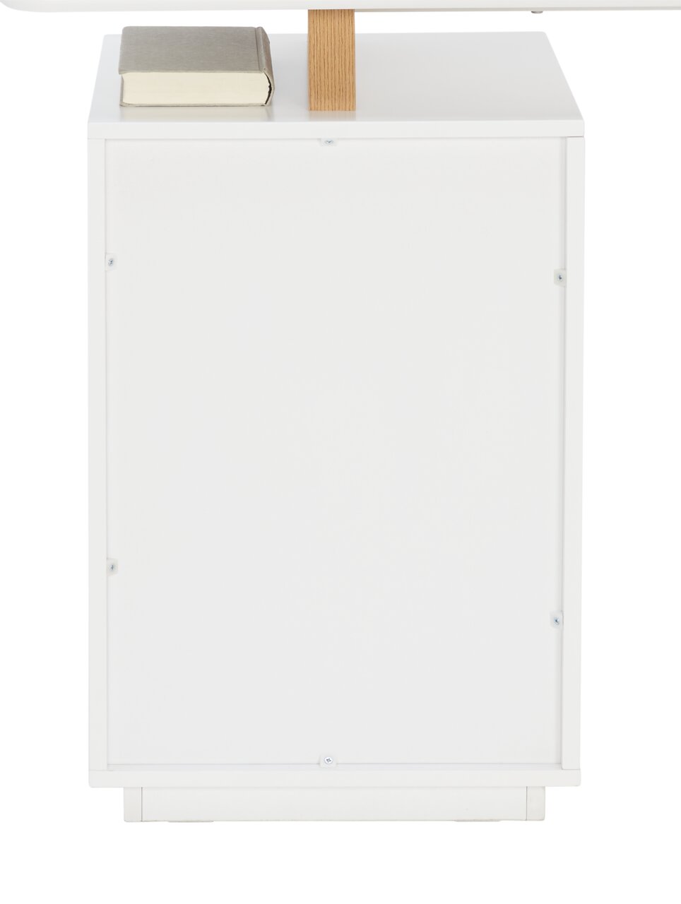 Seitenansicht eines weißen Schreibtischs mit einem Buch darauf