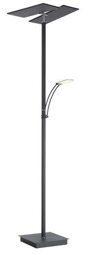 Moderne LED-Stehleuchte in schwarzem Design mit zwei rechteckigen Leuchtflächen, seitliche Ansicht.