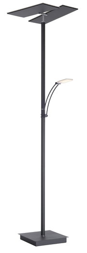 Moderne LED-Stehleuchte in schwarzem Design mit zwei rechteckigen Leuchtflächen, seitliche Ansicht.