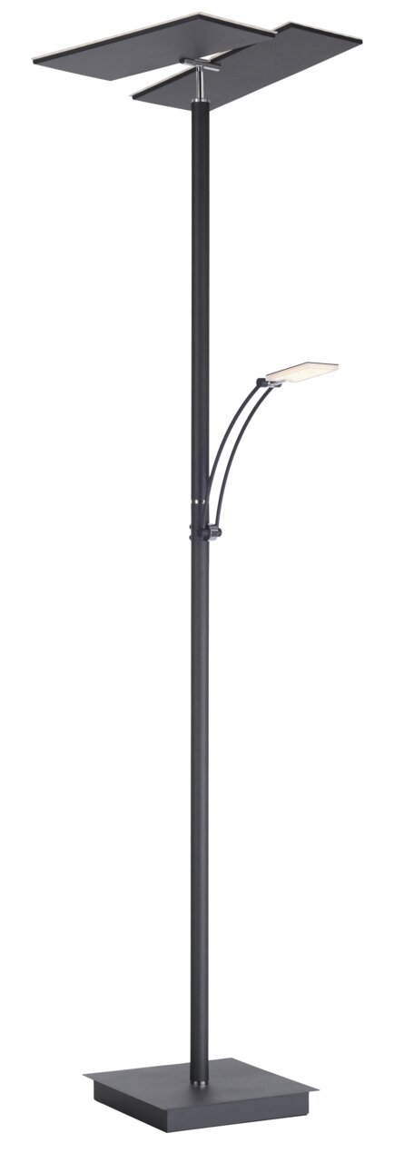 Moderne LED-Stehleuchte in schwarzem Design mit zwei rechteckigen Leuchtflächen, seitliche Ansicht.
