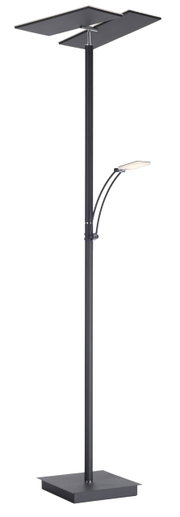 Moderne LED-Stehleuchte in schwarzem Design mit zwei rechteckigen Leuchtflächen, seitliche Ansicht.