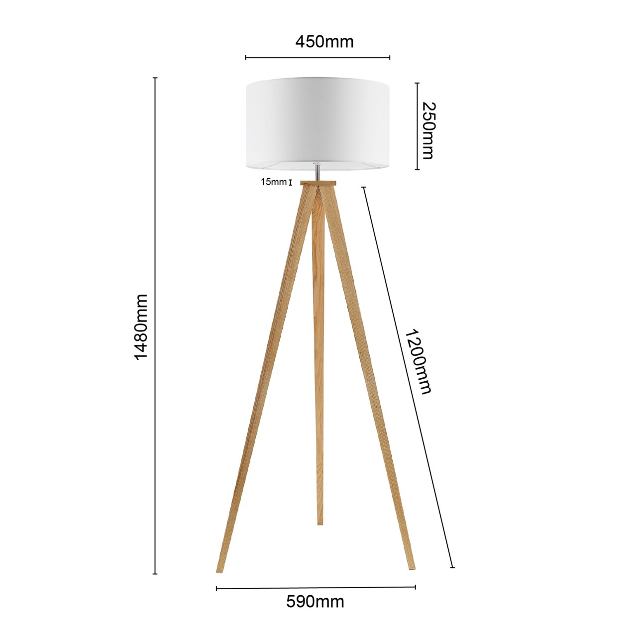 Stehleuchte mit dreibeinigem Holzgestell und weißem Lampenschirm, seitliche Perspektive
