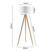 Stehleuchte mit dreibeinigem Holzgestell und weißem Lampenschirm, seitliche Perspektive