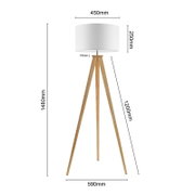 Stehleuchte mit dreibeinigem Holzgestell und weißem Lampenschirm, seitliche Perspektive