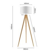 Stehleuchte mit dreibeinigem Holzgestell und weißem Lampenschirm, seitliche Perspektive