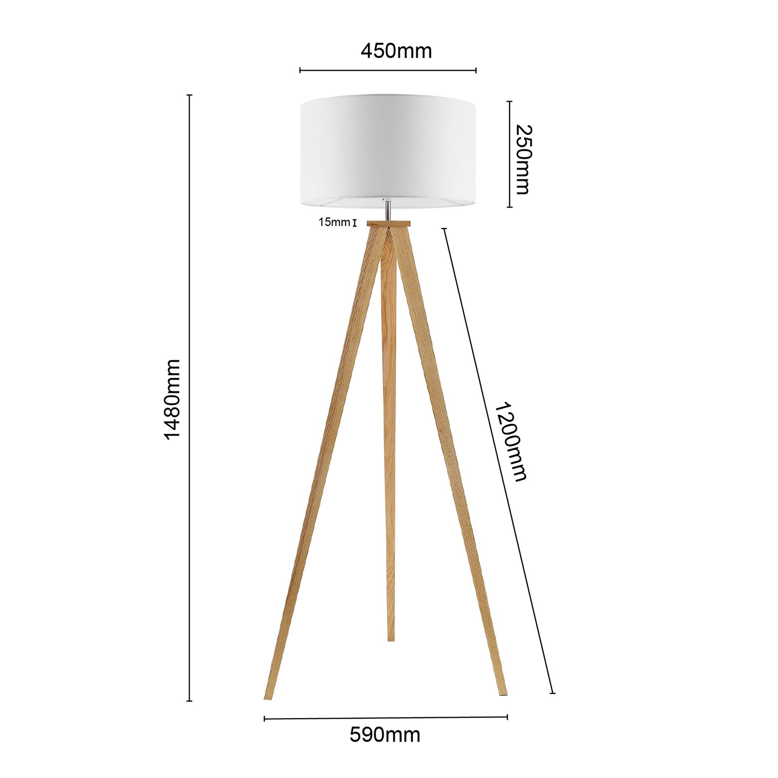 Stehleuchte mit dreibeinigem Holzgestell und weißem Lampenschirm, seitliche Perspektive