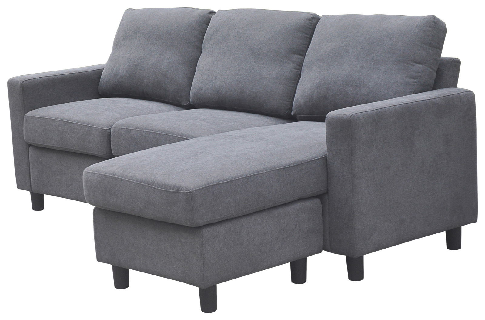 Graues Ecksofa mit drei Sitzplätzen und Ottomane, Perspektive von vorne rechts
