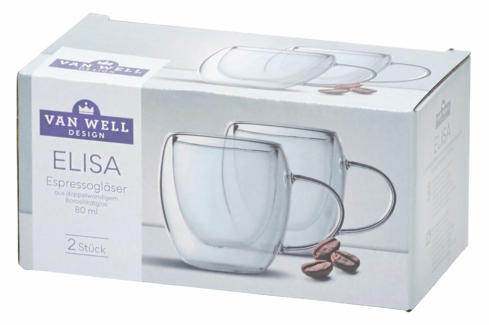 Verpackung mit zwei doppelwandigen Espressogläsern aus Borosilikatglas, 80 ml, von schräg oben fotografiert.