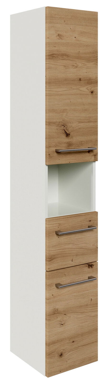 Hochschrank mit Holzoptik und weißen Seiten, Frontansicht