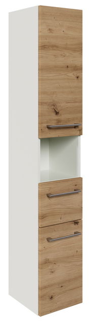 Hochschrank mit Holzoptik und weißen Seiten, Frontansicht