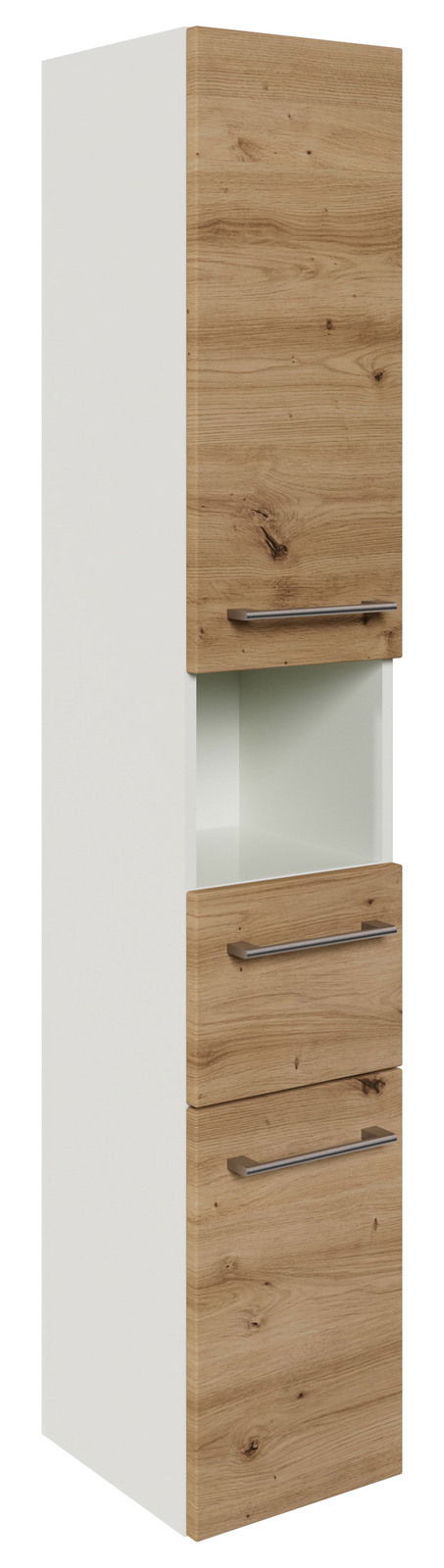 Hochschrank mit Holzoptik und weißen Seiten, Frontansicht