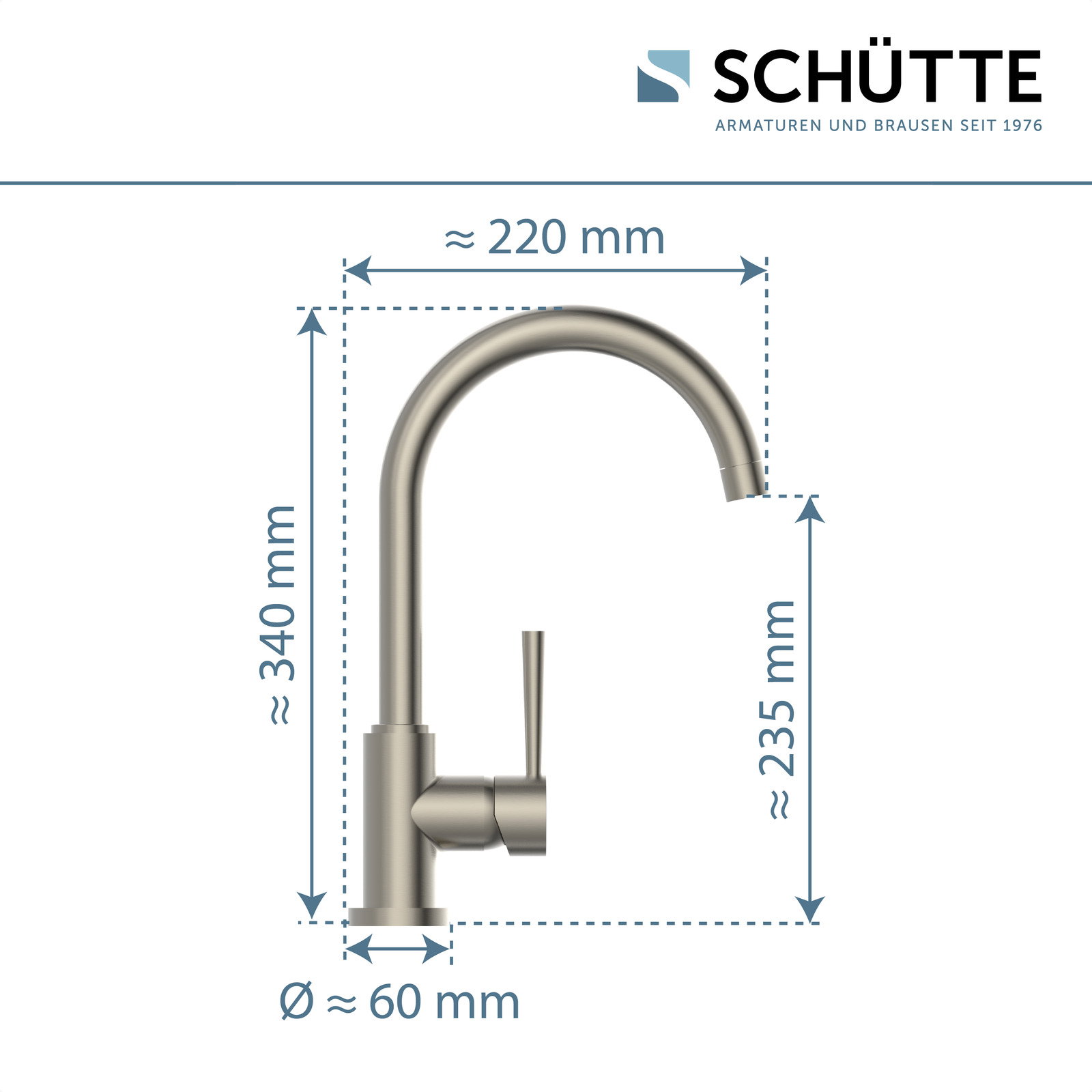 Spültischarmatur in seitlicher Ansicht mit gebogenem Auslauf, Maße: Höhe ca. 340 mm, Ausladung ca. 220 mm, Durchmesser ca. 60 mm.
