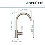 Spültischarmatur in seitlicher Ansicht mit gebogenem Auslauf, Maße: Höhe ca. 340 mm, Ausladung ca. 220 mm, Durchmesser ca. 60 mm.