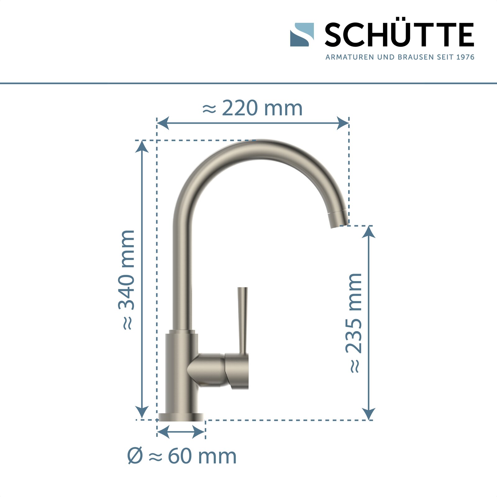 Spültischarmatur in seitlicher Ansicht mit gebogenem Auslauf, Maße: Höhe ca. 340 mm, Ausladung ca. 220 mm, Durchmesser ca. 60 mm.