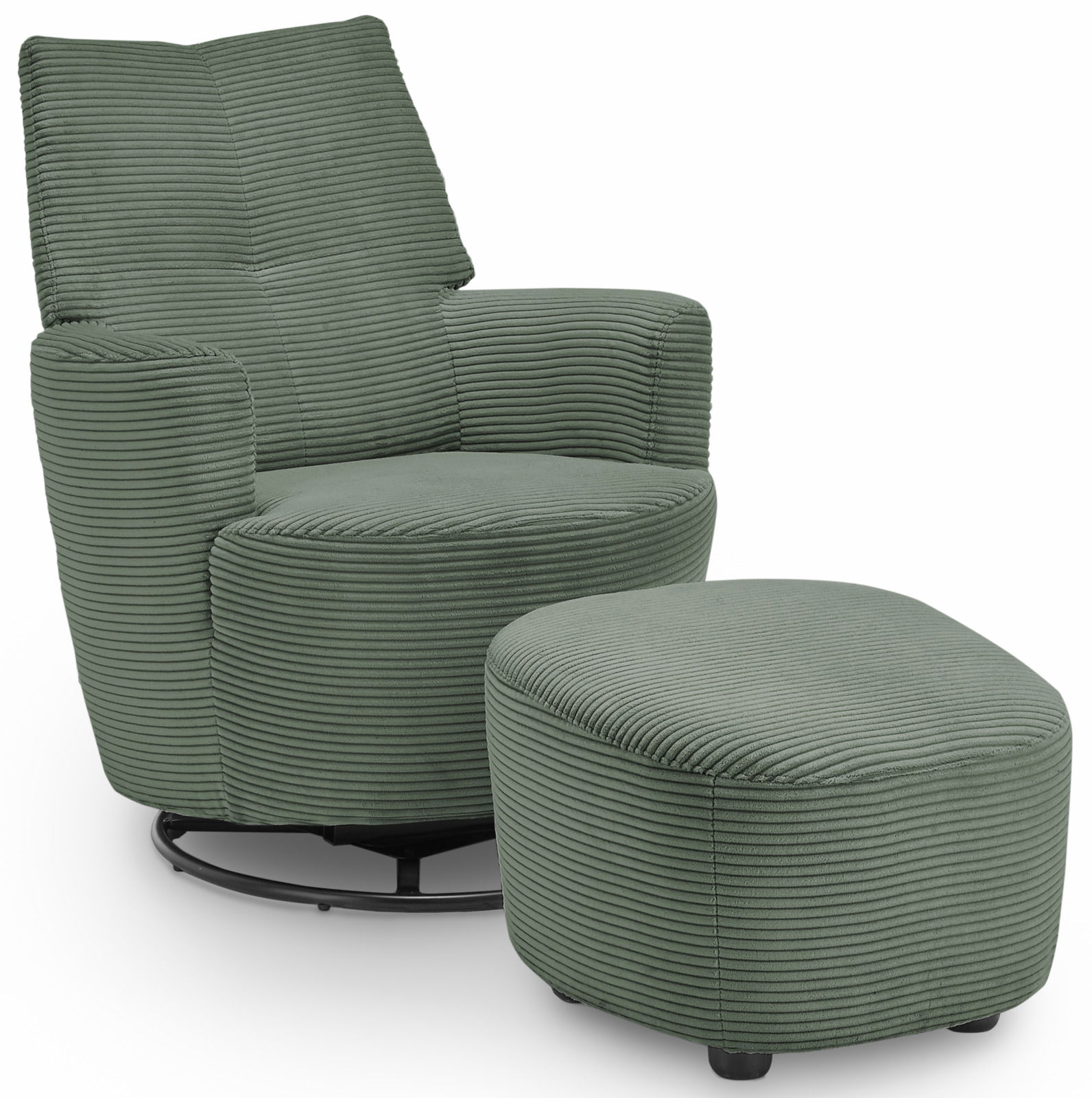 Set one by Musterring Hocker SET ONE 1450 Grüner, gerippter Hocker und Sessel aus Stoff, seitliche Perspektive