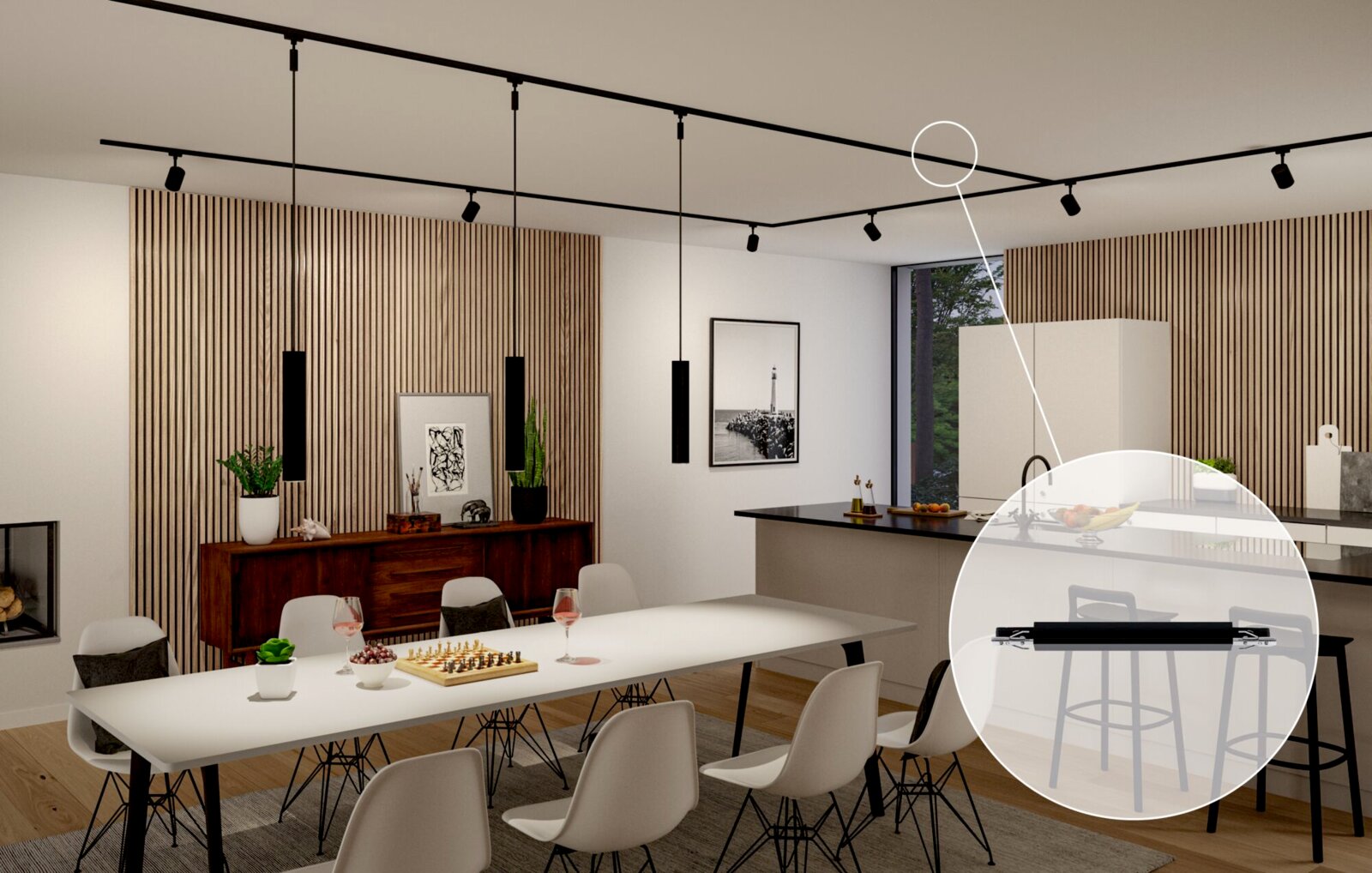 Moderner Wohnraum mit Schienensystem und Switchdimmer Zigbee in der Decke, seitliche Perspektive.